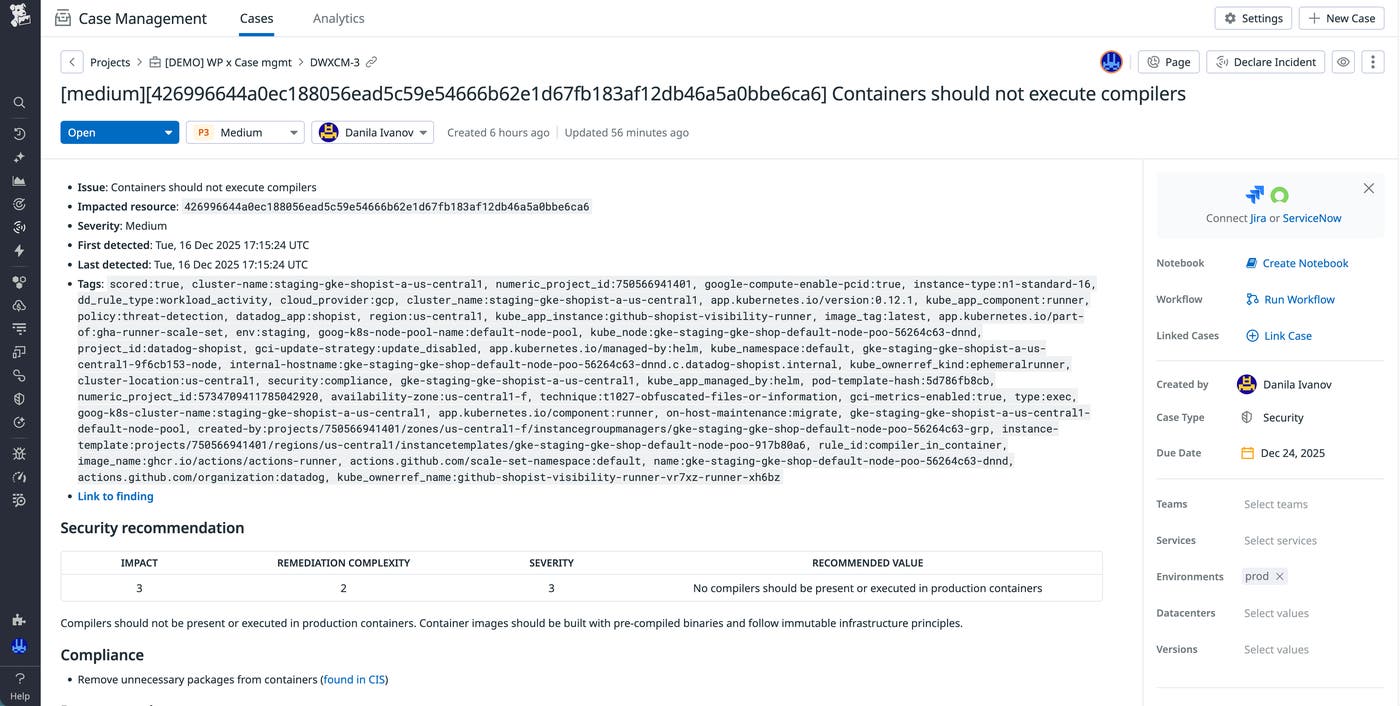 Screenshot of Case Management that shows a case created from a finding with assigned owner and status. Screenshot of Case Management that shows a case created from a finding with assigned owner and status.