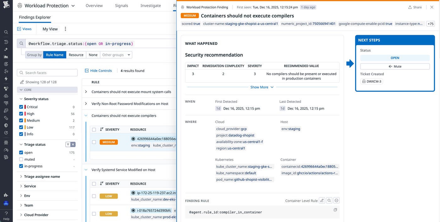 Screenshot that shows severity and affected resources for rule findings. A side panel shows a specific finding for compiler activity in production containers, along with details about when and where the issue was detected. Screenshot that shows severity and affected resources for rule findings. A side panel shows a specific finding for compiler activity in production containers, along with details about when and where the issue was detected.