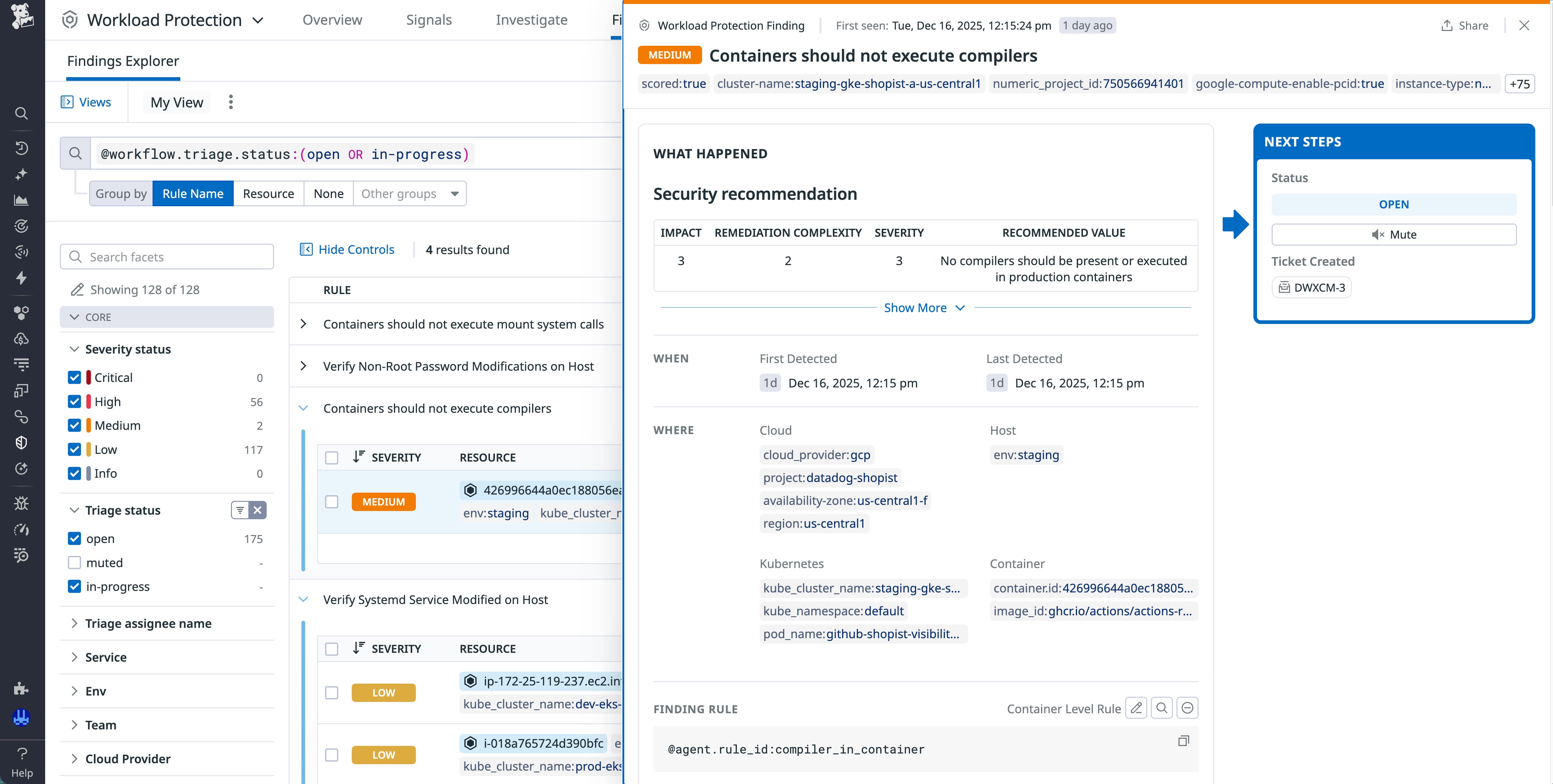 Screenshot that shows severity and affected resources for rule findings. A side panel shows a specific finding for compiler activity in production containers, along with details about when and where the issue was detected. Screenshot that shows severity and affected resources for rule findings. A side panel shows a specific finding for compiler activity in production containers, along with details about when and where the issue was detected.