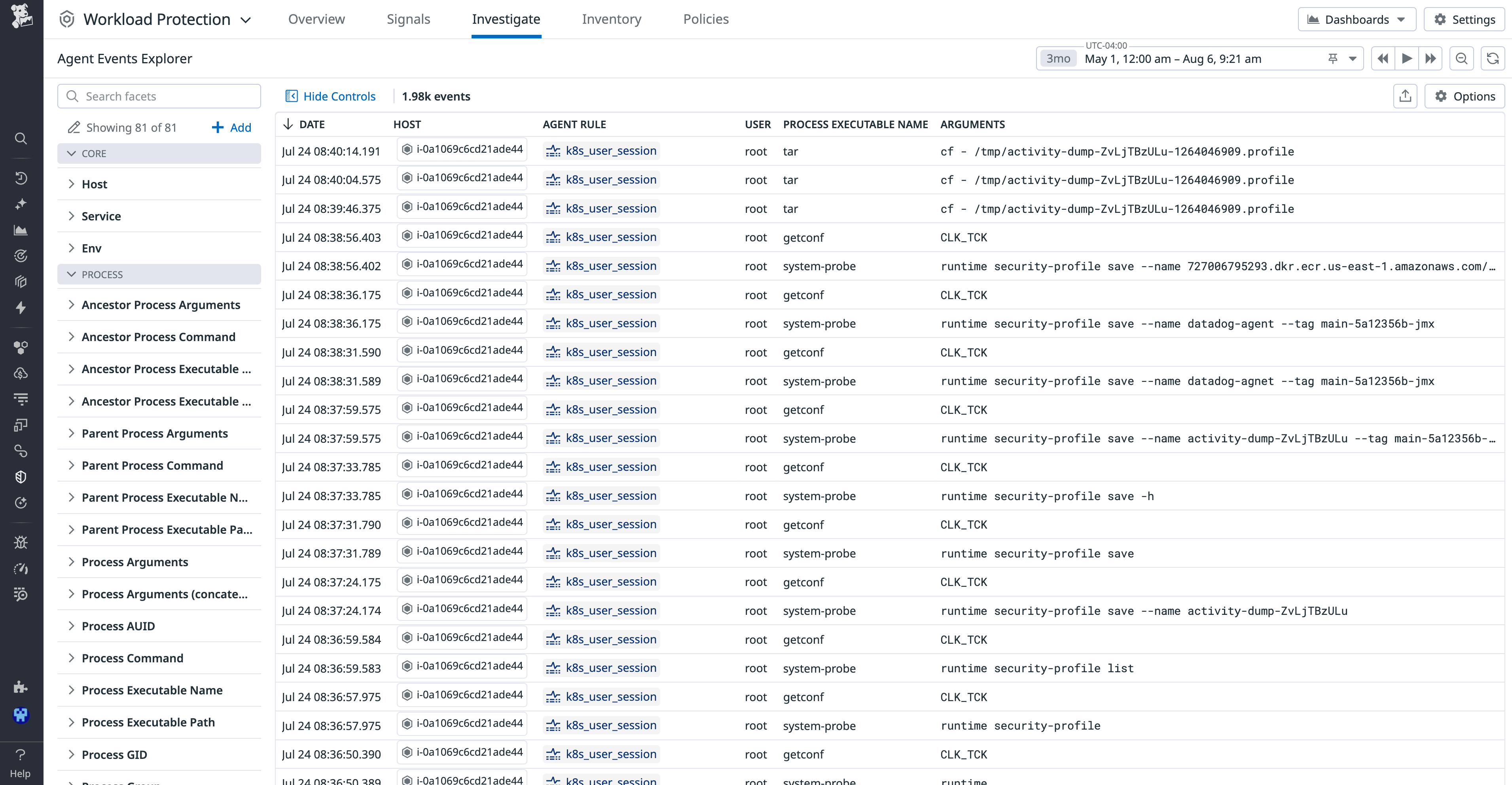 Kubernetes remote access events list by user in Datadog Workload Protection