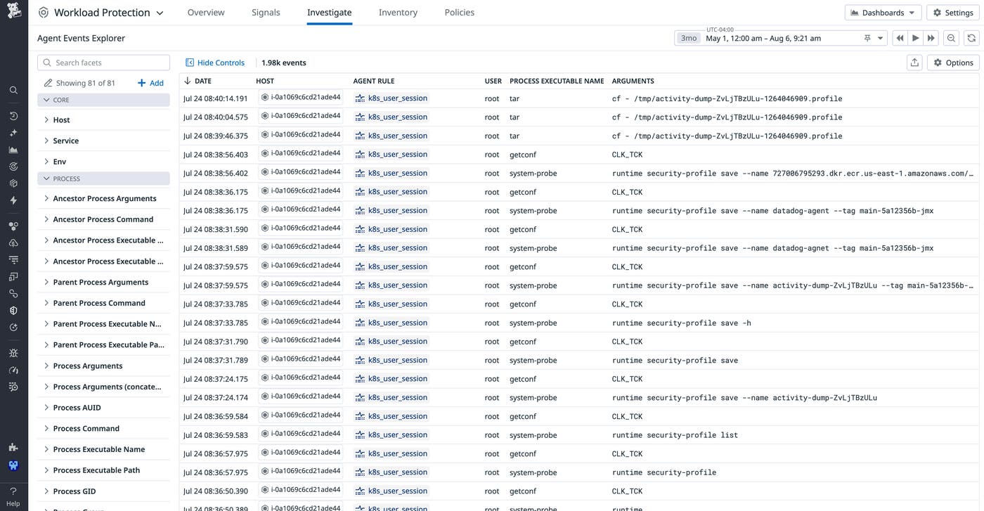 Kubernetes remote access events list by user in Datadog Workload Protection Kubernetes remote access events list by user in Datadog Workload Protection
