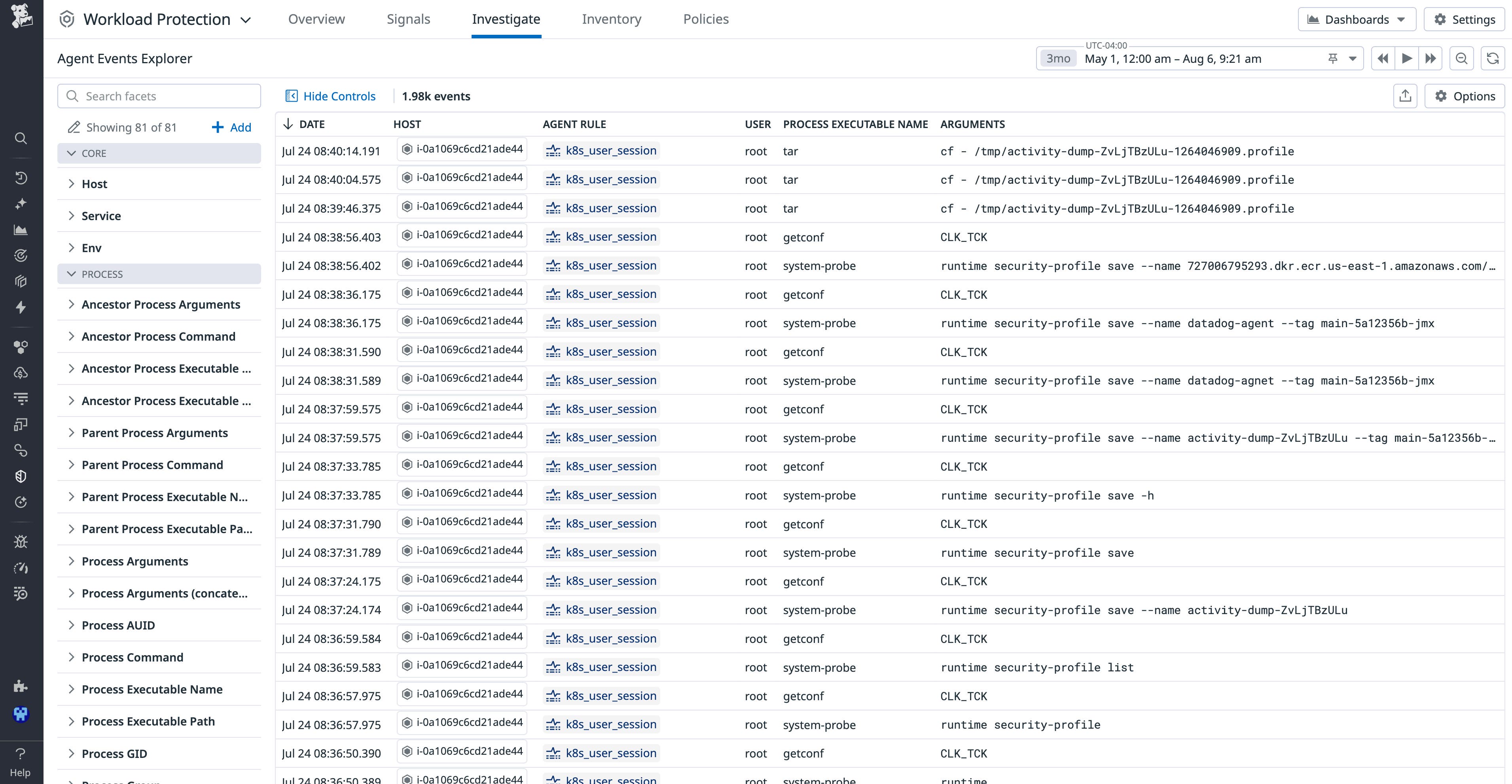 Kubernetes remote access events list by user in Datadog Workload Protection Kubernetes remote access events list by user in Datadog Workload Protection
