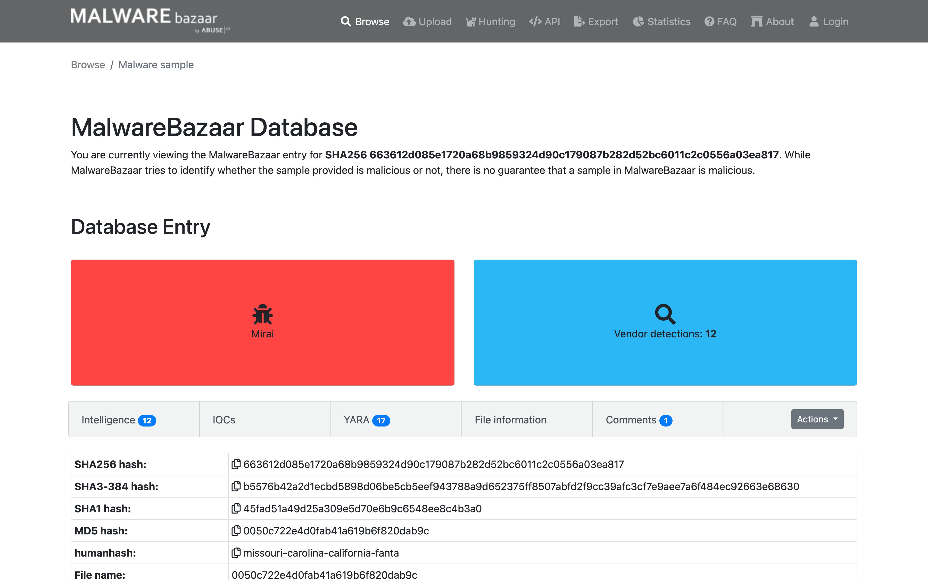 A MalwareBazaar database entry. A MalwareBazaar database entry.