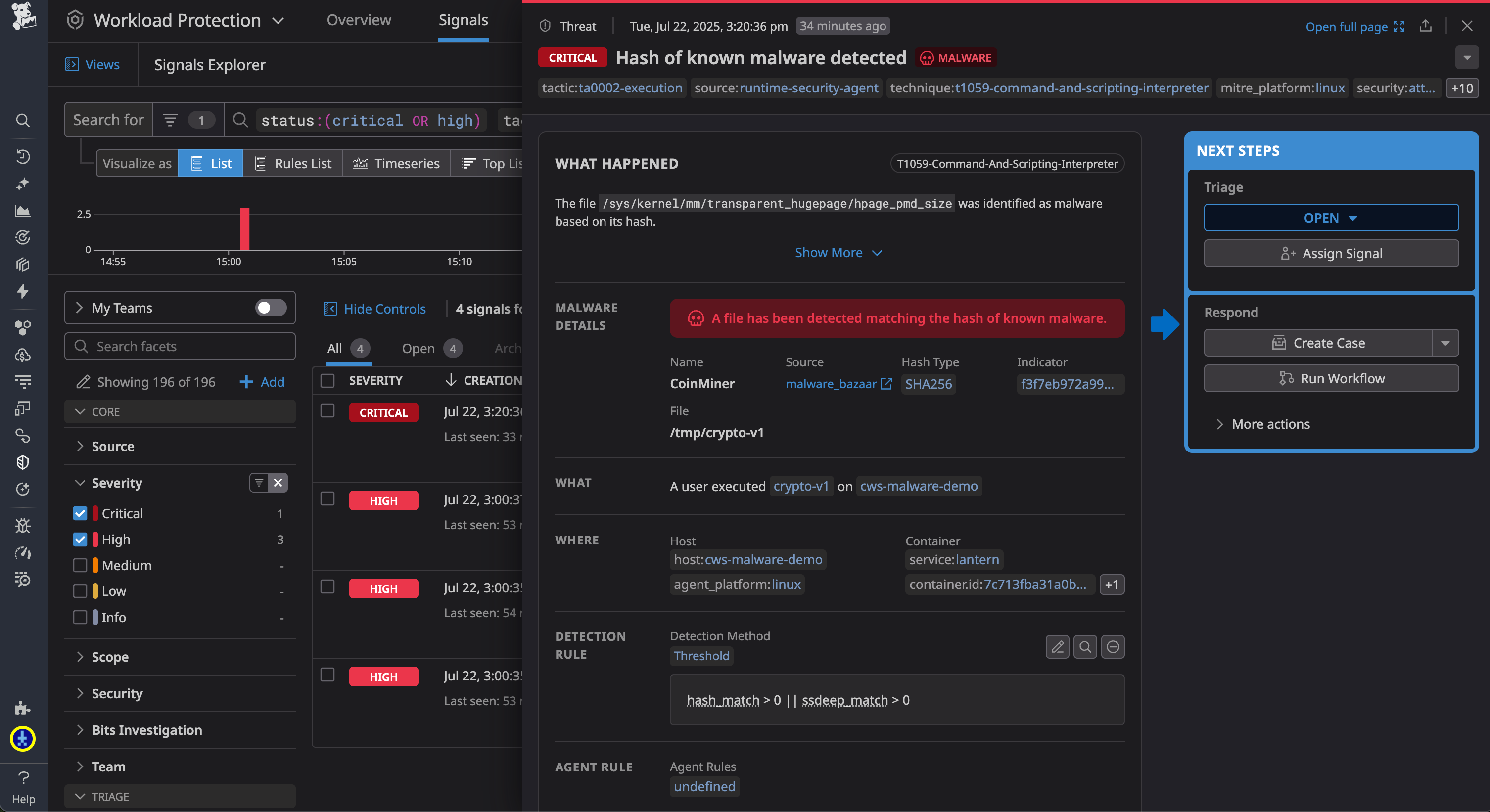 Inspecting a security signal triggered by Workload Protection malware detection.