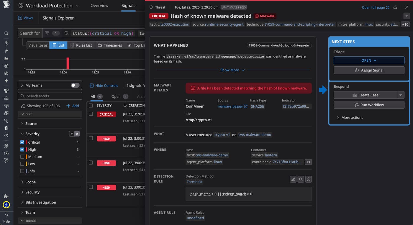 Inspecting a security signal triggered by Workload Protection malware detection. Inspecting a security signal triggered by Workload Protection malware detection.