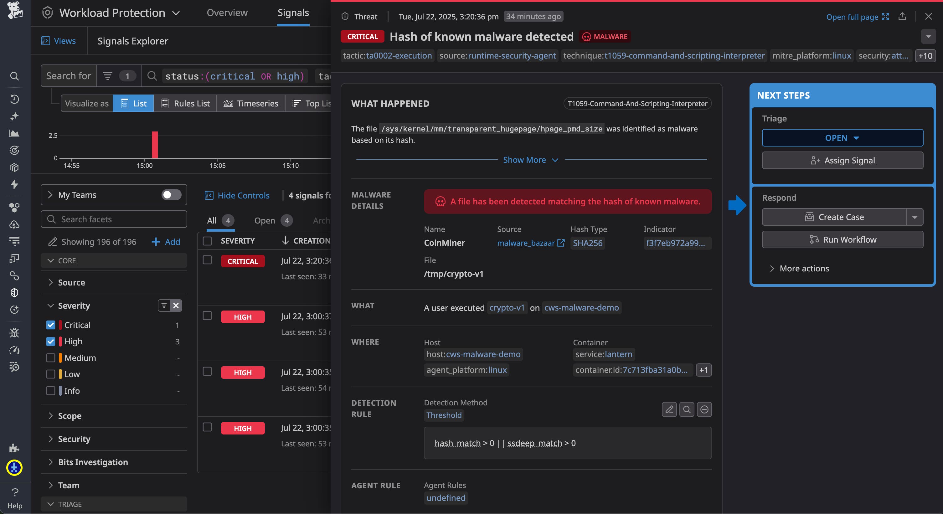 Inspecting a security signal triggered by Workload Protection malware detection. Inspecting a security signal triggered by Workload Protection malware detection.