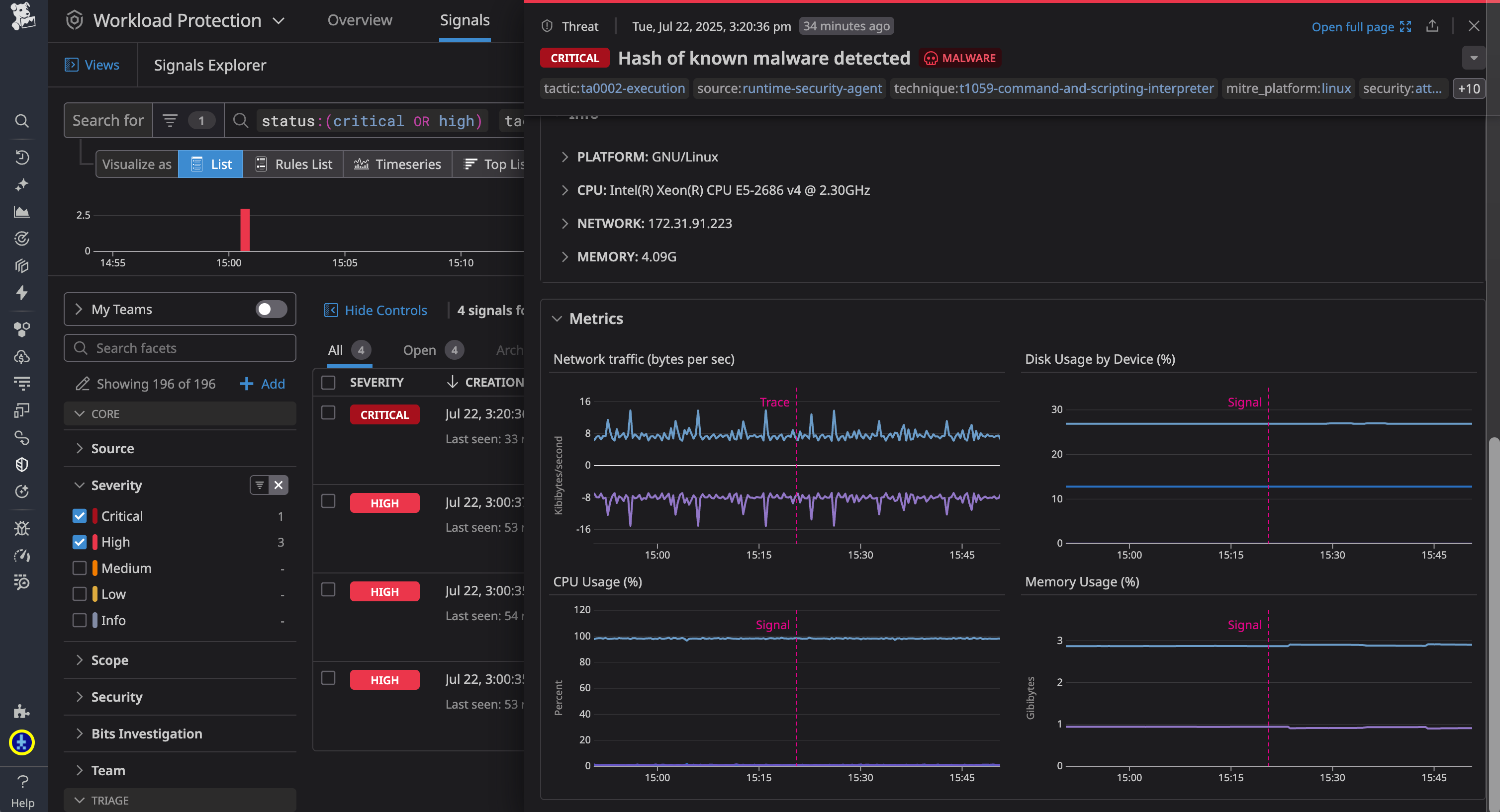 The context tab for a security signal in Workload Protection.