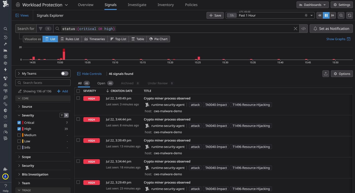 An overview of security signals in the Workload Protection Signals Explorer An overview of security signals in the Workload Protection Signals Explorer