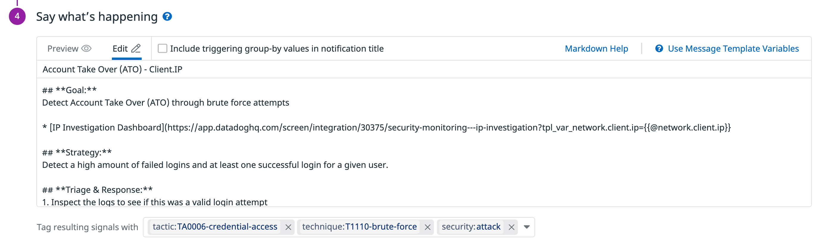 Customize a notification for your Datadog detection rule