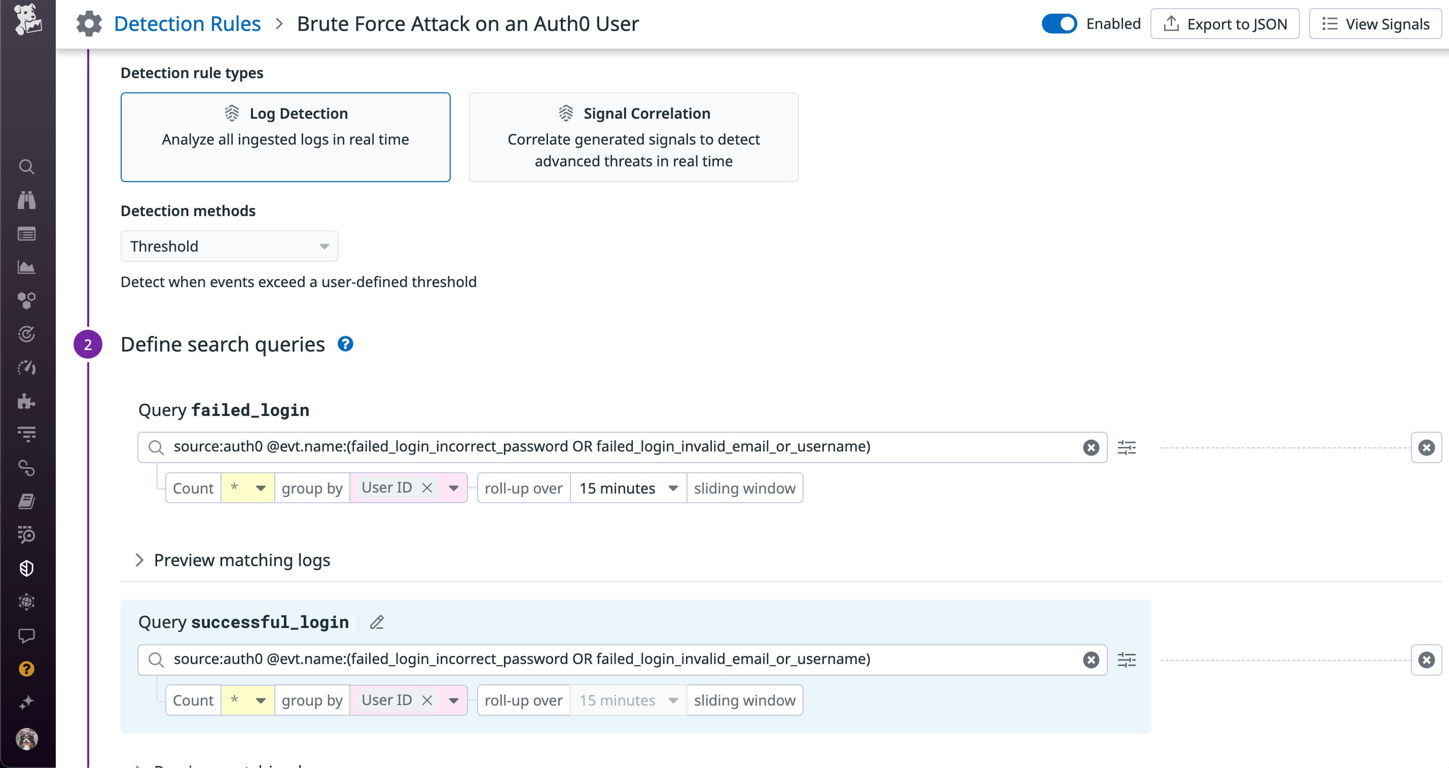 Create a detection rule for brute force login attempts Create a detection rule for brute force login attempts